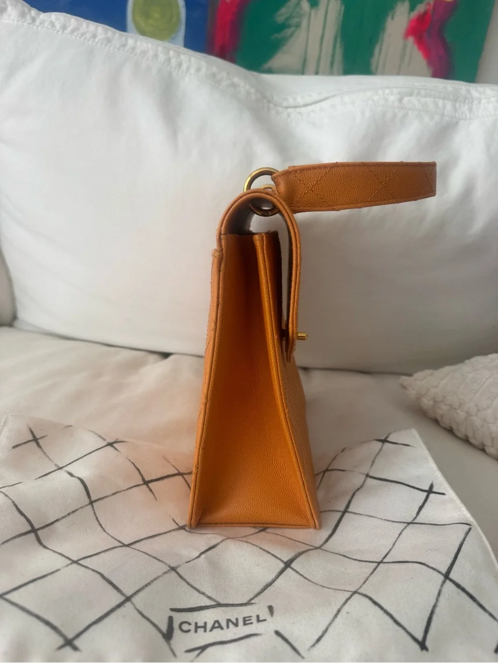 CHANEL Orange Quilted Top Handle Satchel with Gold Hardware